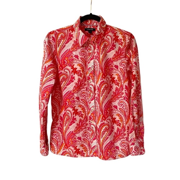 Land’s End Women’s Button Down Shirt Size 10 Red Pink Paisley Long Sleeve Cotton - Picture 1 of 11